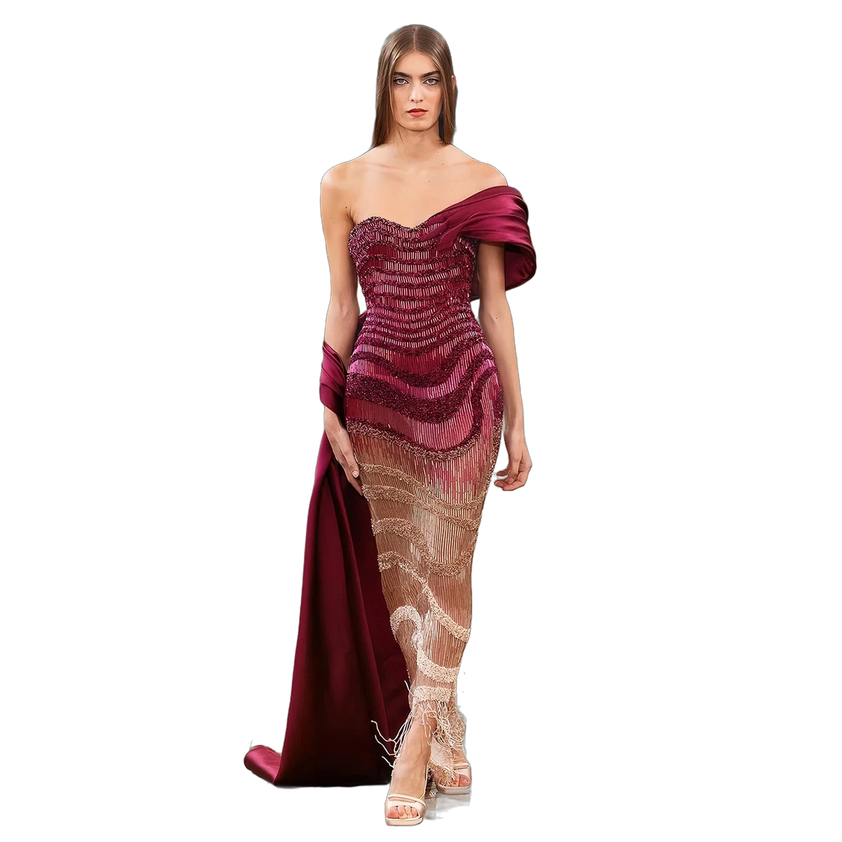 The Yaqout – red ombre off-shoulder beaded column gown | Riviera Couture