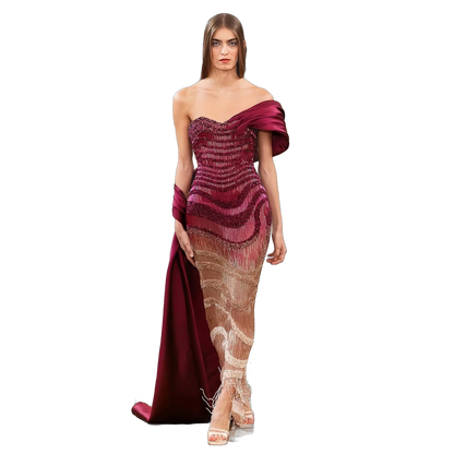 The Yaqout – red ombre off-shoulder beaded column gown | Riviera Couture