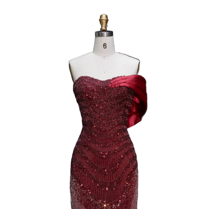 The Yaqout – red ombre off-shoulder beaded column gown | Riviera Couture