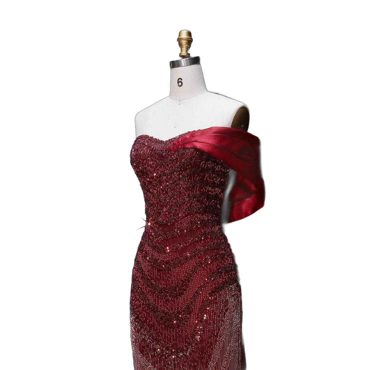 The Yaqout – red ombre off-shoulder beaded column gown | Riviera Couture