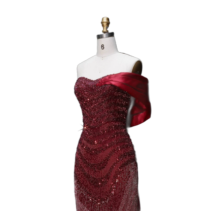 The Yaqout – red ombre off-shoulder beaded column gown | Riviera Couture
