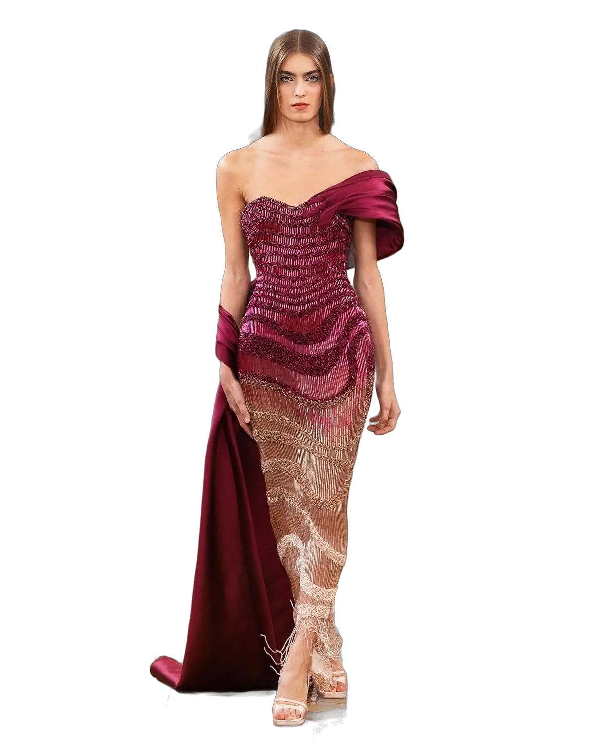 The Yaqout – red ombre off-shoulder beaded column gown | Riviera Couture