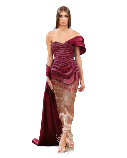 The Yaqout – red ombre off-shoulder beaded column gown | Riviera Couture