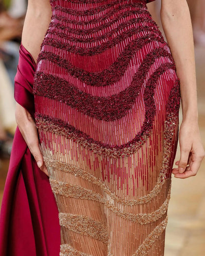 The Yaqout – red ombre off-shoulder beaded column gown | Riviera Couture