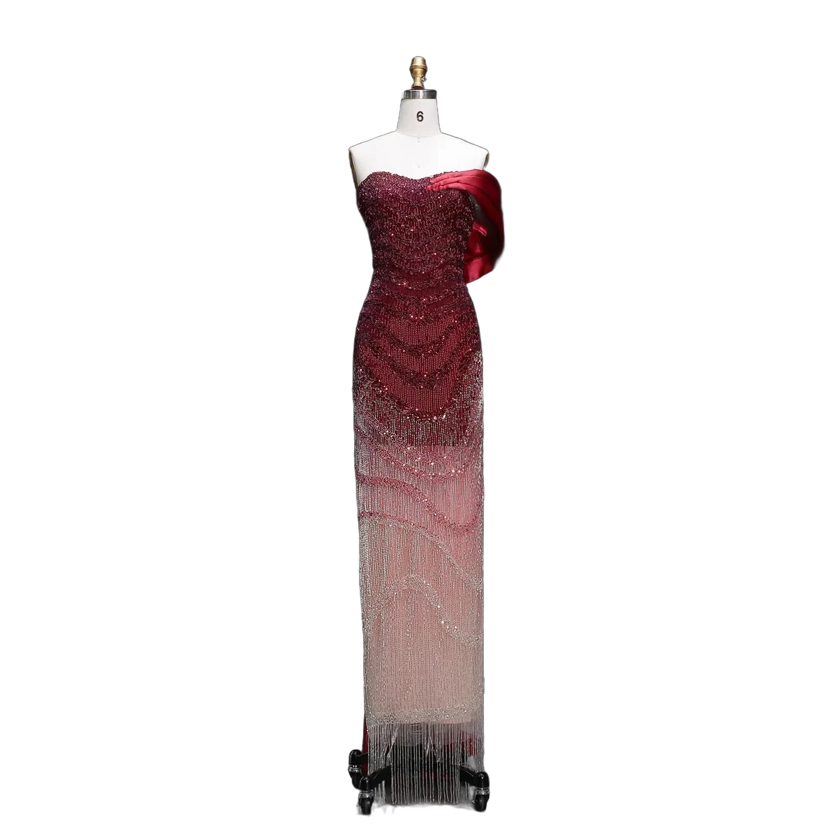 The Yaqout – red ombre off-shoulder beaded column gown | Riviera Couture