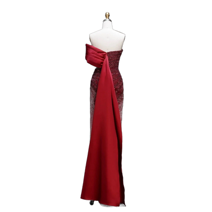 The Yaqout – red ombre off-shoulder beaded column gown | Riviera Couture