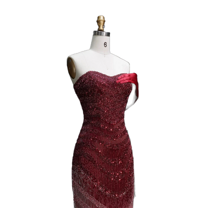 The Yaqout – red ombre off-shoulder beaded column gown | Riviera Couture