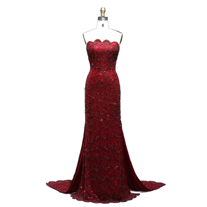 The Zumurrud in wine red – strapless mermaid evening gown | Riviera Couture