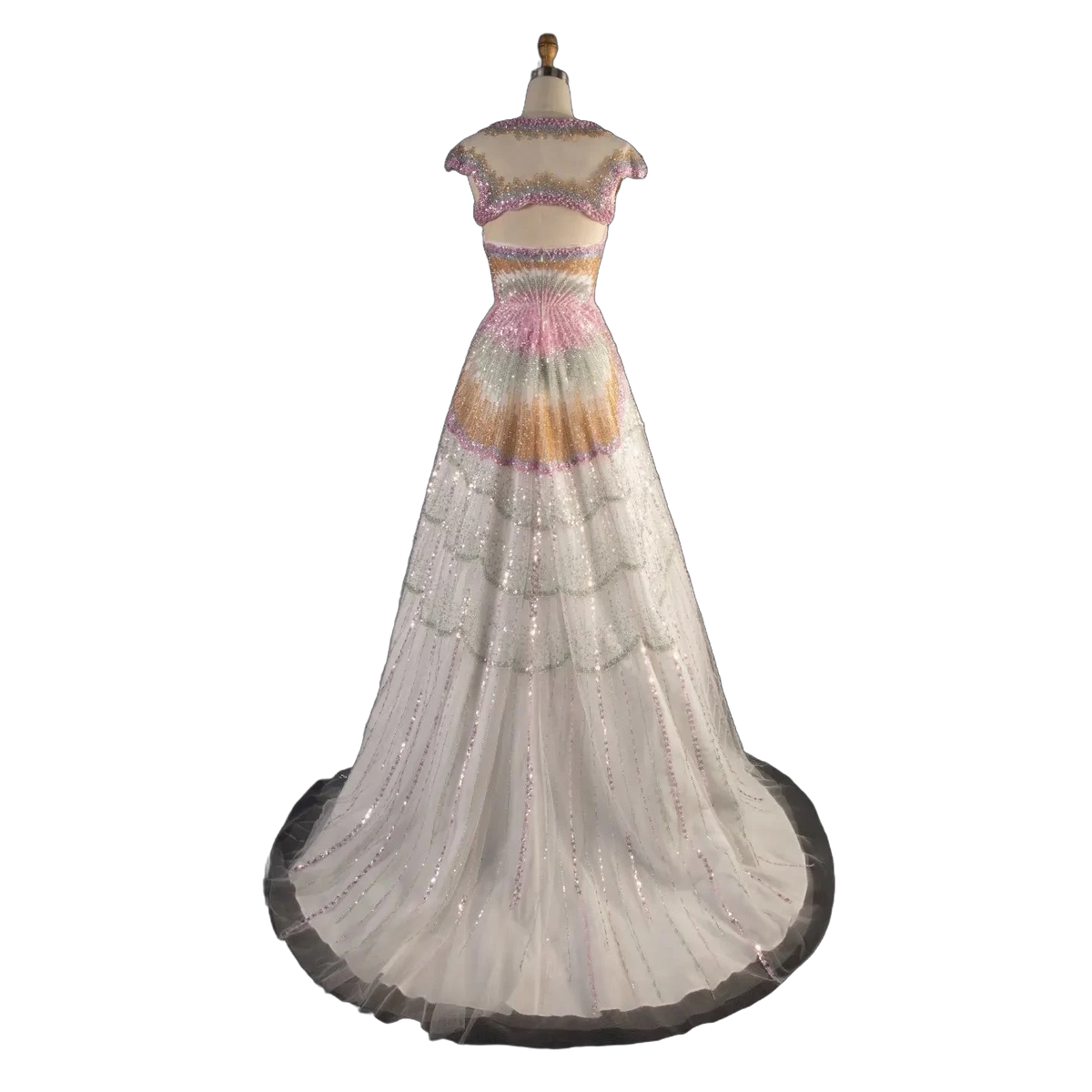 The Yusra – white two-piece pearl and sequin cape sleeve gown | Riviera Couture