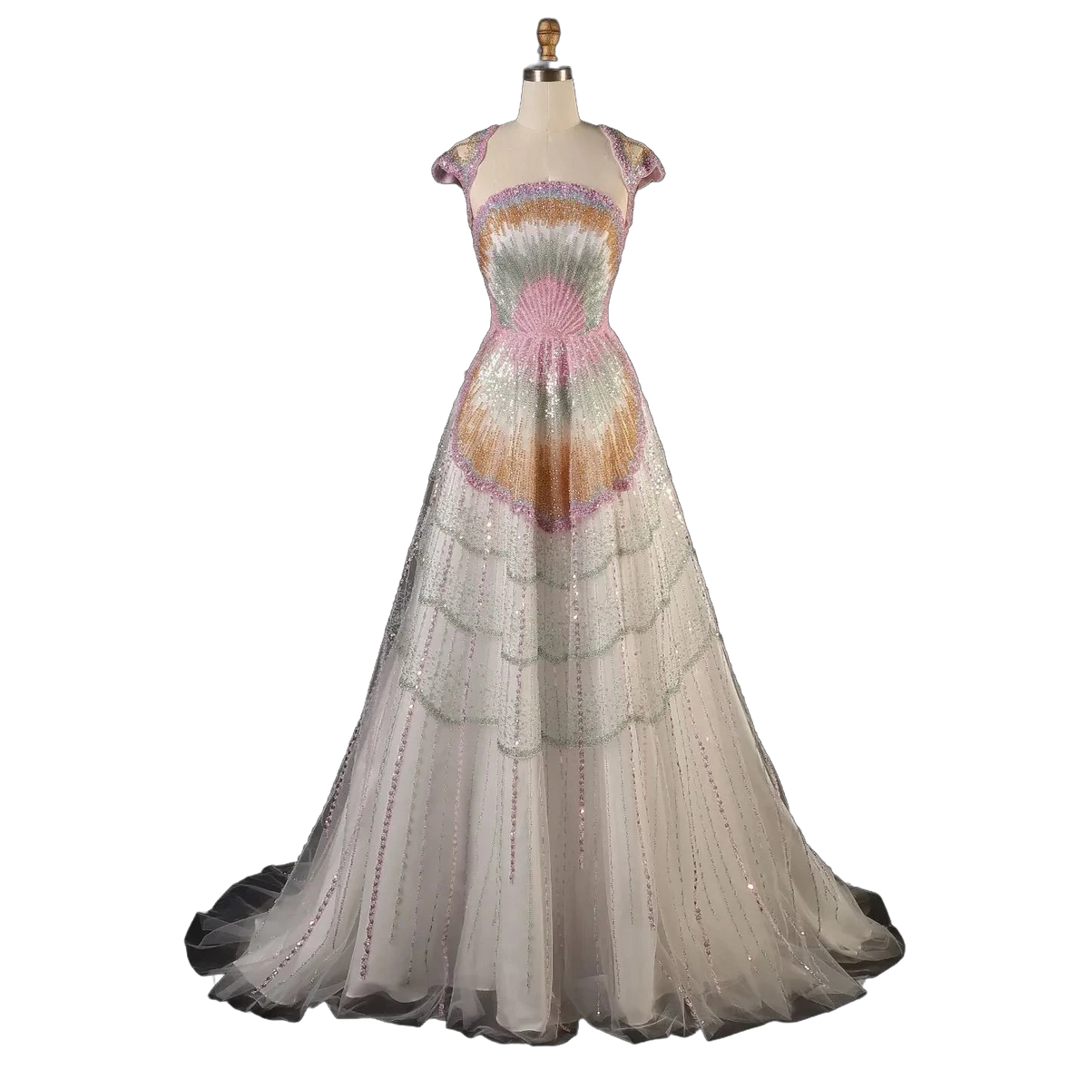 The Yusra – white two-piece pearl and sequin cape sleeve gown | Riviera Couture