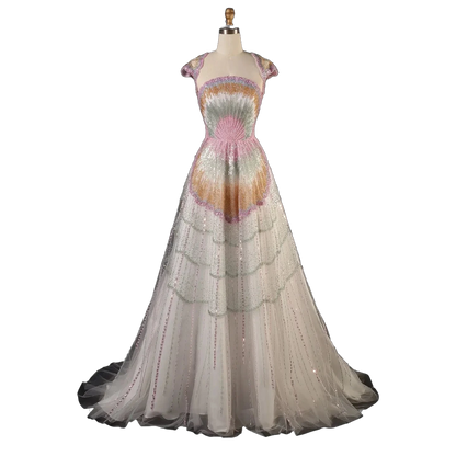 The Yusra – white two-piece pearl and sequin cape sleeve gown | Riviera Couture