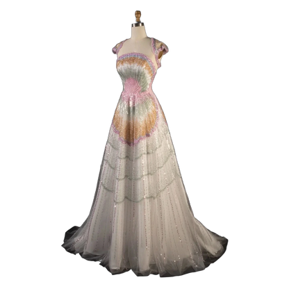 The Yusra – white two-piece pearl and sequin cape sleeve gown | Riviera Couture