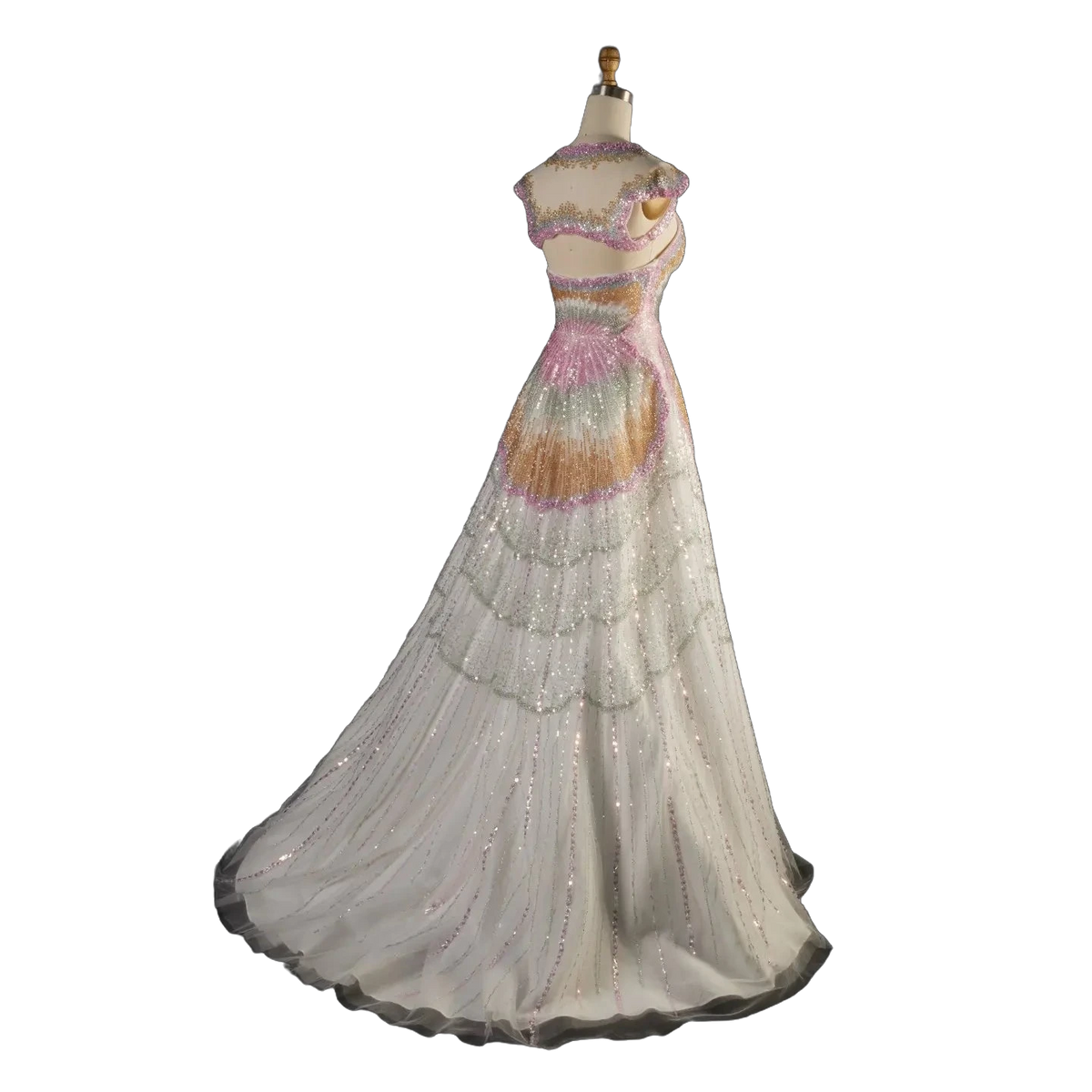 The Yusra – white two-piece pearl and sequin cape sleeve gown | Riviera Couture