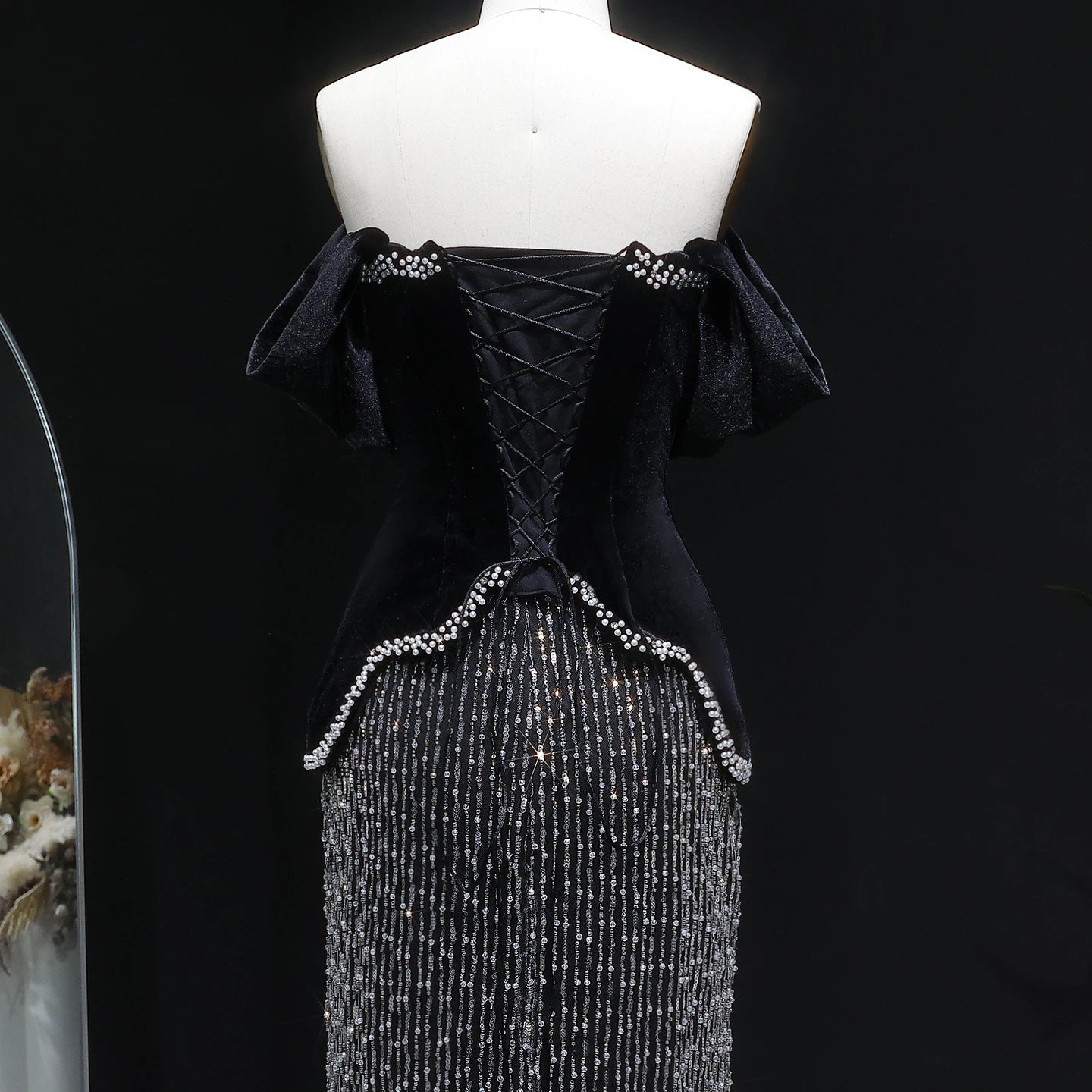 Black Black Beaded Off-Shoulder Evening Gown with Slit — Arabic Luxury — Riviera Couture GCC Luxury Evening Gown