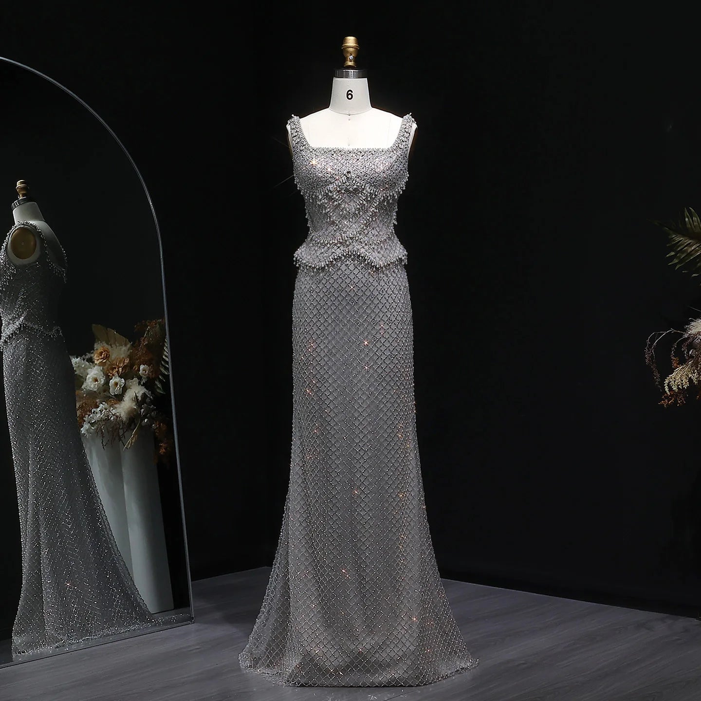 Gray Gray Straight Evening Gown with Straps — Dubai Arabic Luxury Formal — Riviera Couture GCC Luxury Evening Gown