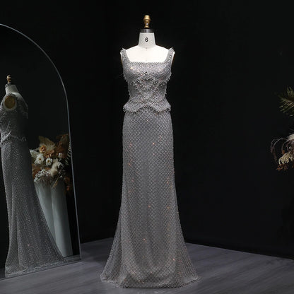 Gray Gray Straight Evening Gown with Straps — Dubai Arabic Luxury Formal — Riviera Couture GCC Luxury Evening Gown