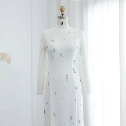 Luxury Crystal White Evening Dress with Elegant High Neck - Riviera Couture