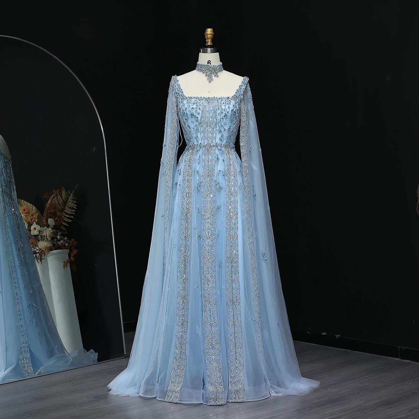 Blue Nude Arabic Evening Gown with Cape Sleeves and Wine Red Choker — Riviera Couture GCC Luxury Evening Gown