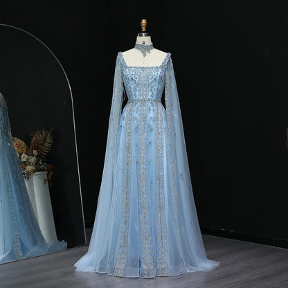 Blue Nude Arabic Evening Gown with Cape Sleeves and Wine Red Choker — Riviera Couture GCC Luxury Evening Gown