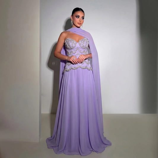 Purple Beaded A-Line Evening Gown with Scarf — Luxury GCC Formal — Riviera Couture GCC Luxury Evening Gown