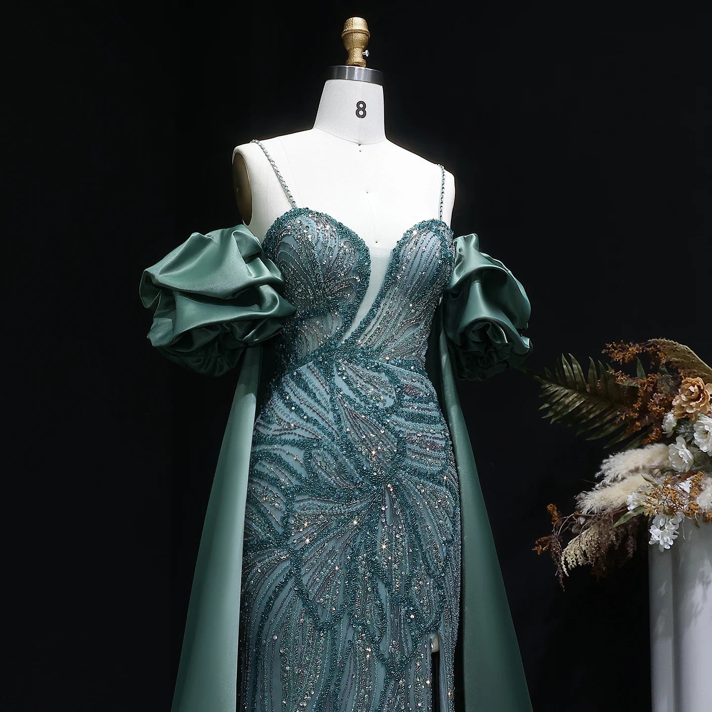 Green Off-Shoulder Cape Ruffle Evening Gown — Beaded Luxury GCC Formal — Riviera Couture GCC Luxury Evening Gown