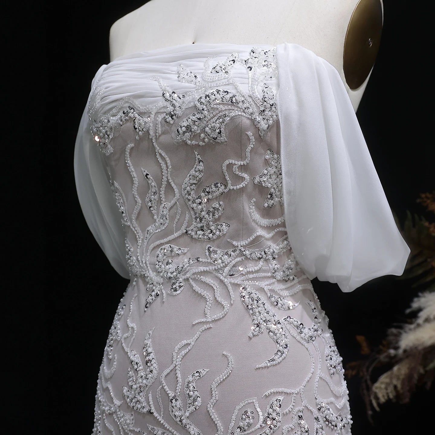 Ivory Ivory Off-Shoulder Mermaid Evening Gown — Luxury Beaded Arabic — Riviera Couture GCC Luxury Evening Gown