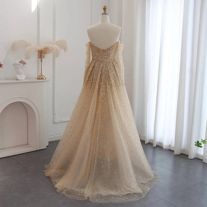 Champagne Gold Mermaid Evening Dress with Detachable Overskirt Off Shoulder RC29 - Riviera Couture