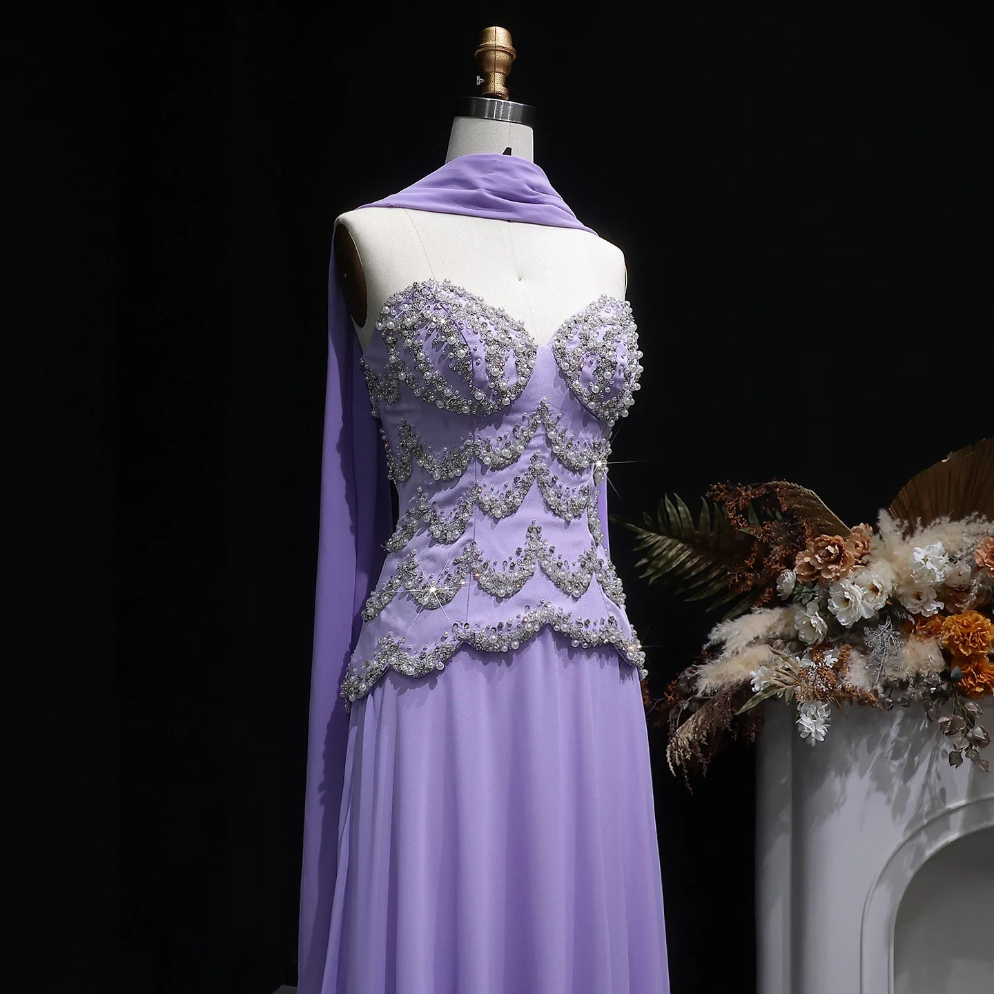 Purple Beaded A-Line Evening Gown with Scarf — Luxury GCC Formal — Riviera Couture GCC Luxury Evening Gown