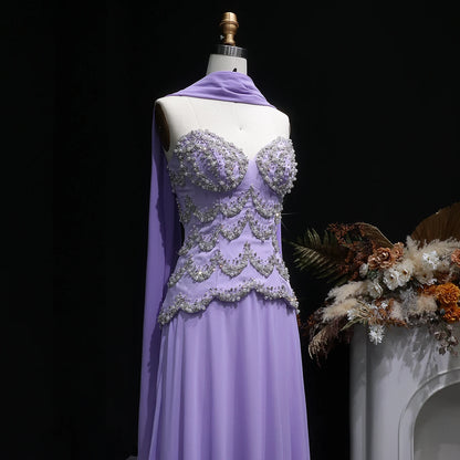Purple Beaded A-Line Evening Gown with Scarf — Luxury GCC Formal — Riviera Couture GCC Luxury Evening Gown