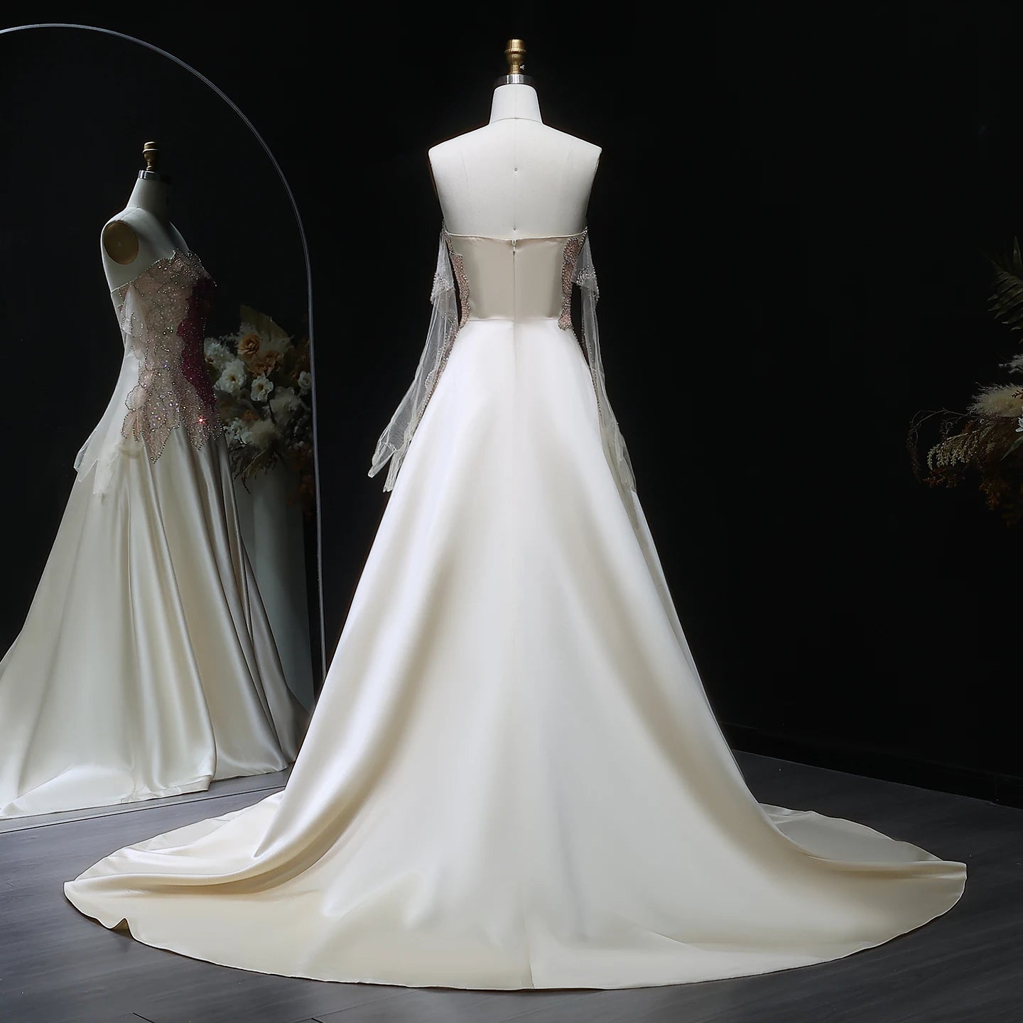Beige Beige Satin Strapless Evening Gown with Gloves — Dubai Luxury — Riviera Couture GCC Luxury Evening Gown