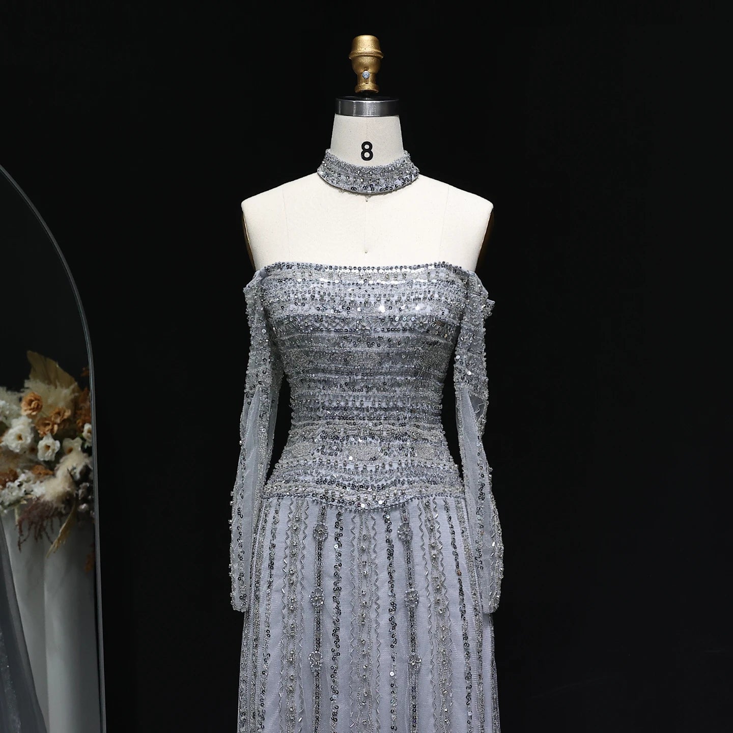 GRAY Pink Off-Shoulder Evening Gown with Choker — Heavy Beaded Long Sleeve — Riviera Couture GCC Luxury Evening Gown