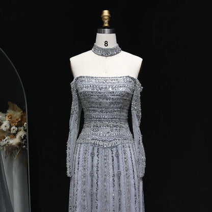 GRAY Pink Off-Shoulder Evening Gown with Choker — Heavy Beaded Long Sleeve — Riviera Couture GCC Luxury Evening Gown