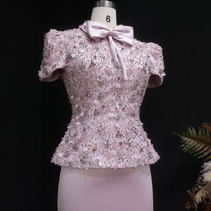 Pink Beaded Two-Piece Evening Gown — Short Sleeve Arabic Luxury — Riviera Couture GCC Luxury Evening Gown