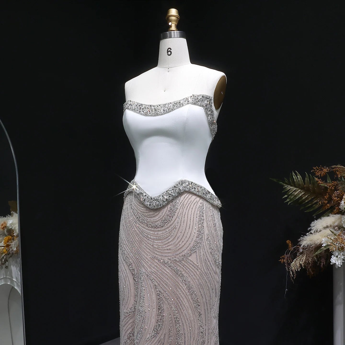 White Strapless Sequin Mermaid Evening Gown — Beaded Sparkle GCC Luxury — Riviera Couture GCC Luxury Evening Gown