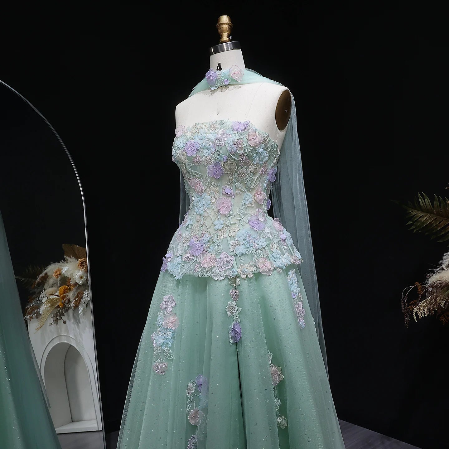 Sage Green Sage Green A-Line Evening Gown with Scarf — 3D Flowers GCC 2026 — Riviera Couture GCC Luxury Evening Gown