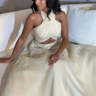 Halter Beige Evening Dress - Riviera Couture