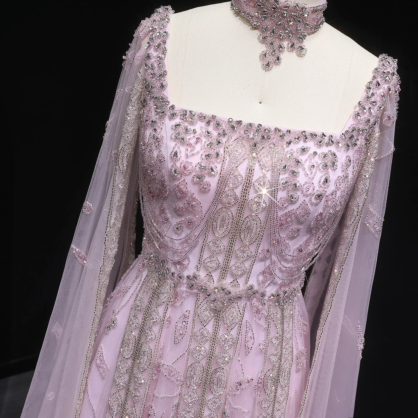 Burgundy Nude Arabic Evening Gown with Cape Sleeves and Wine Red Choker — Riviera Couture GCC Luxury Evening Gown