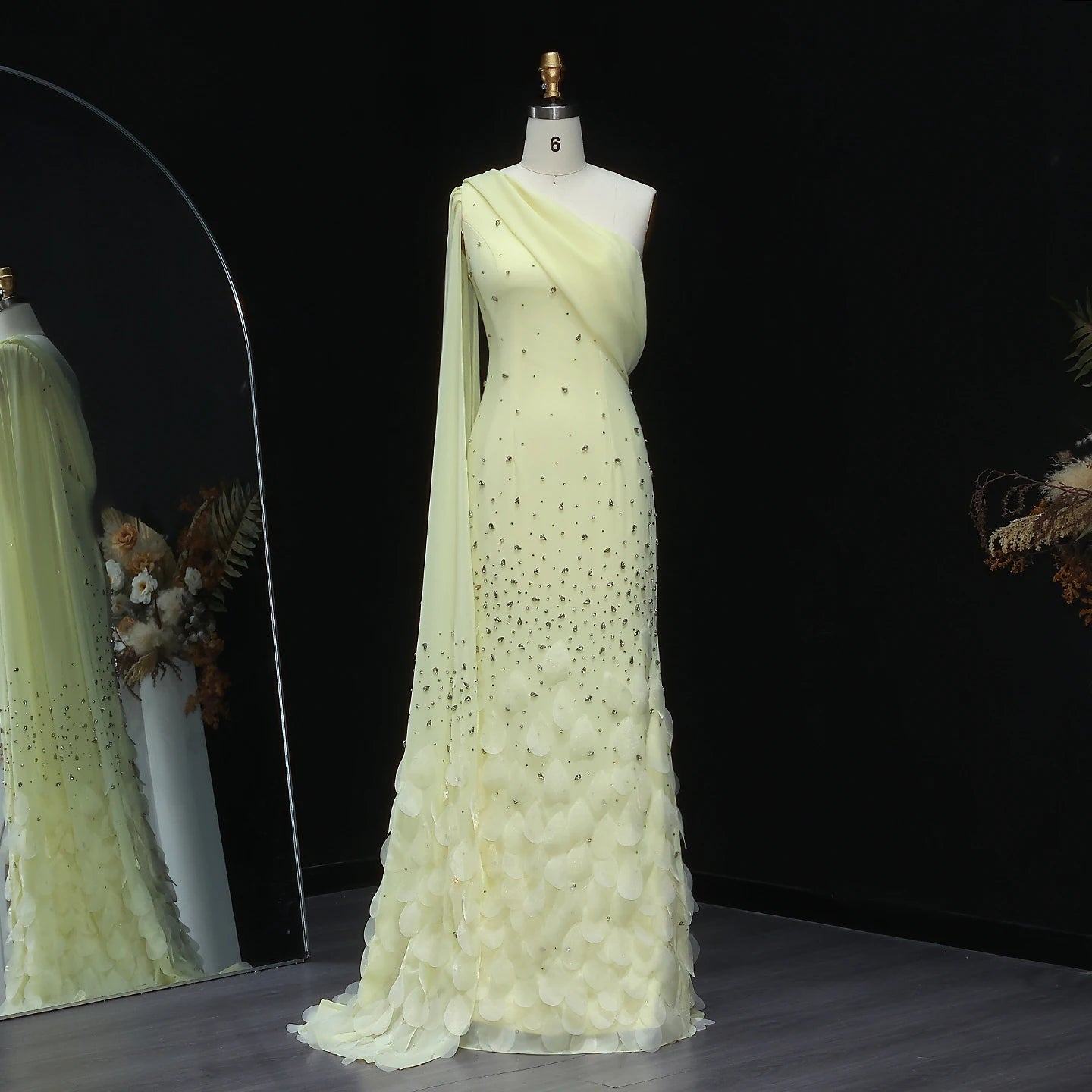 Modest One-Shoulder Mermaid Evening Gown — 3D Leaves Crystal Cape — Riviera Couture GCC Luxury Evening Gown