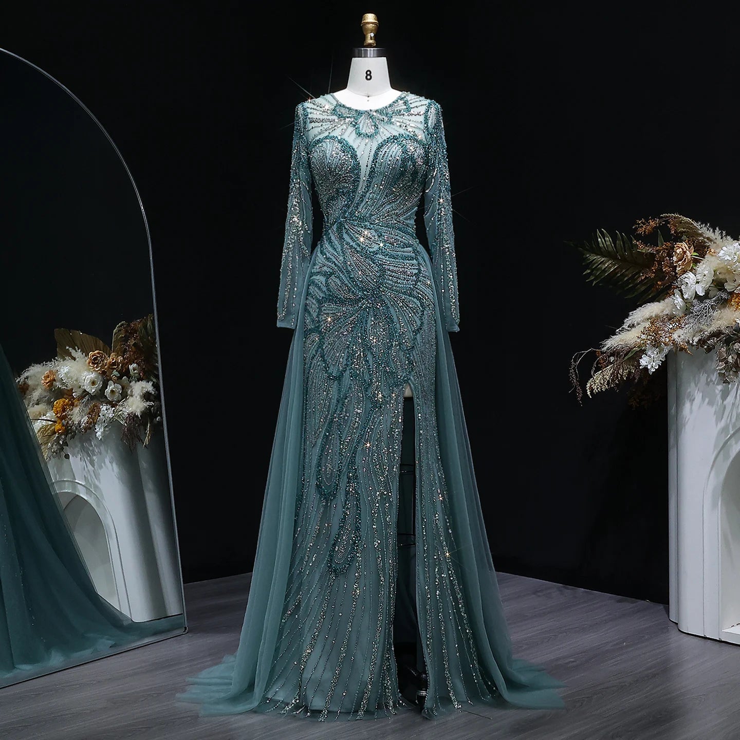 Beaded Long Sleeve Evening Gown with Overskirt and Side Slit — Riviera Couture GCC Luxury Evening Gown