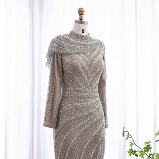 Luxury Silver Nude Muslim Evening Dresses with Cape High Neck Long Sleeves - Riviera Couture