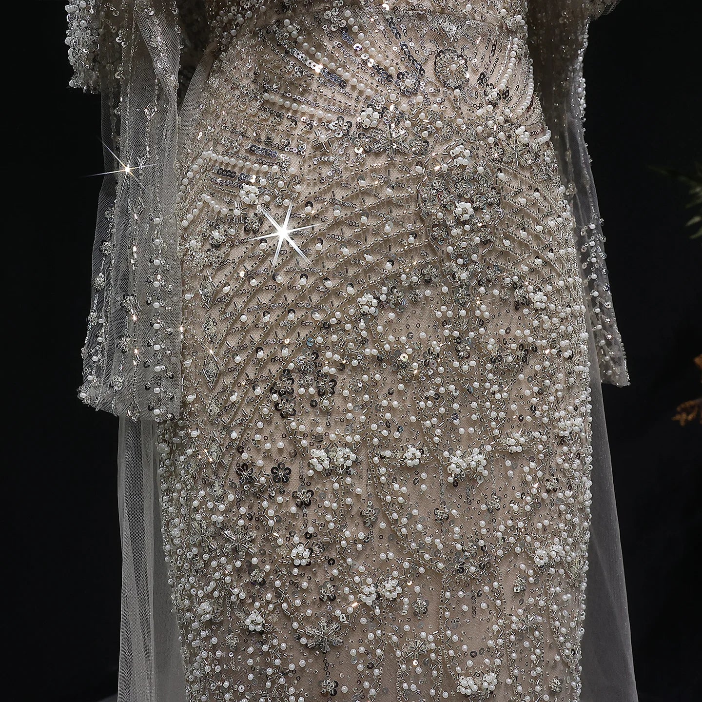 Green Gray Dubai Evening Gown with Cape — Long Sleeve Detachable Overskirt — Riviera Couture GCC Luxury Evening Gown