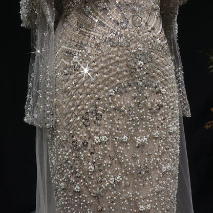 Green Gray Dubai Evening Gown with Cape — Long Sleeve Detachable Overskirt — Riviera Couture GCC Luxury Evening Gown