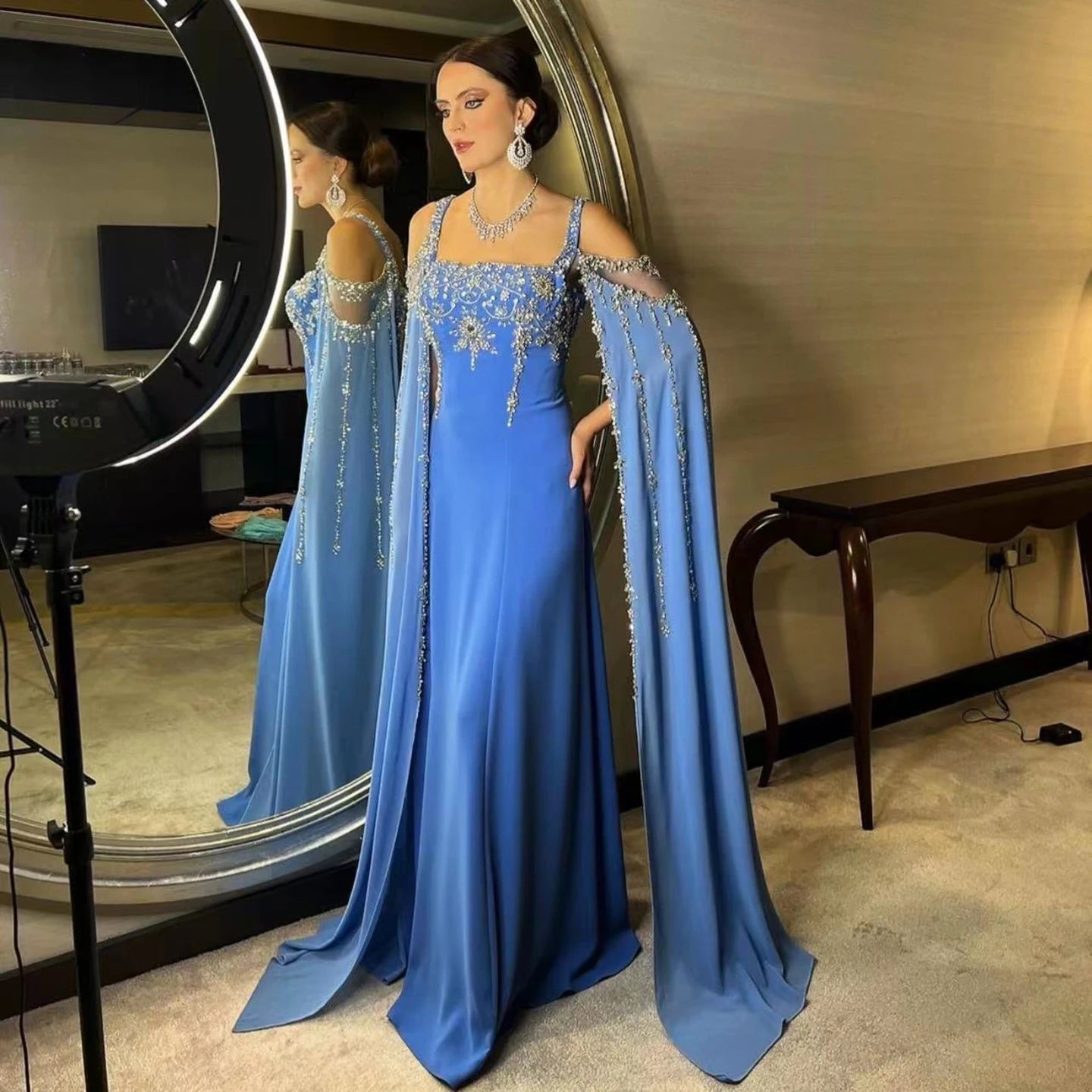 Yellow Blue Crystal Evening Gown with Flowing Cape Sleeve — Arabic Luxury — Riviera Couture GCC Luxury Evening Gown
