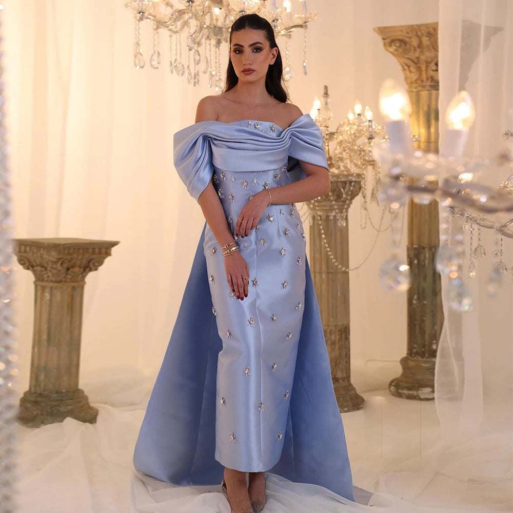 White Blue Satin Off-Shoulder Evening Gown with Crystal Overskirt — Midi — Riviera Couture GCC Luxury Evening Gown