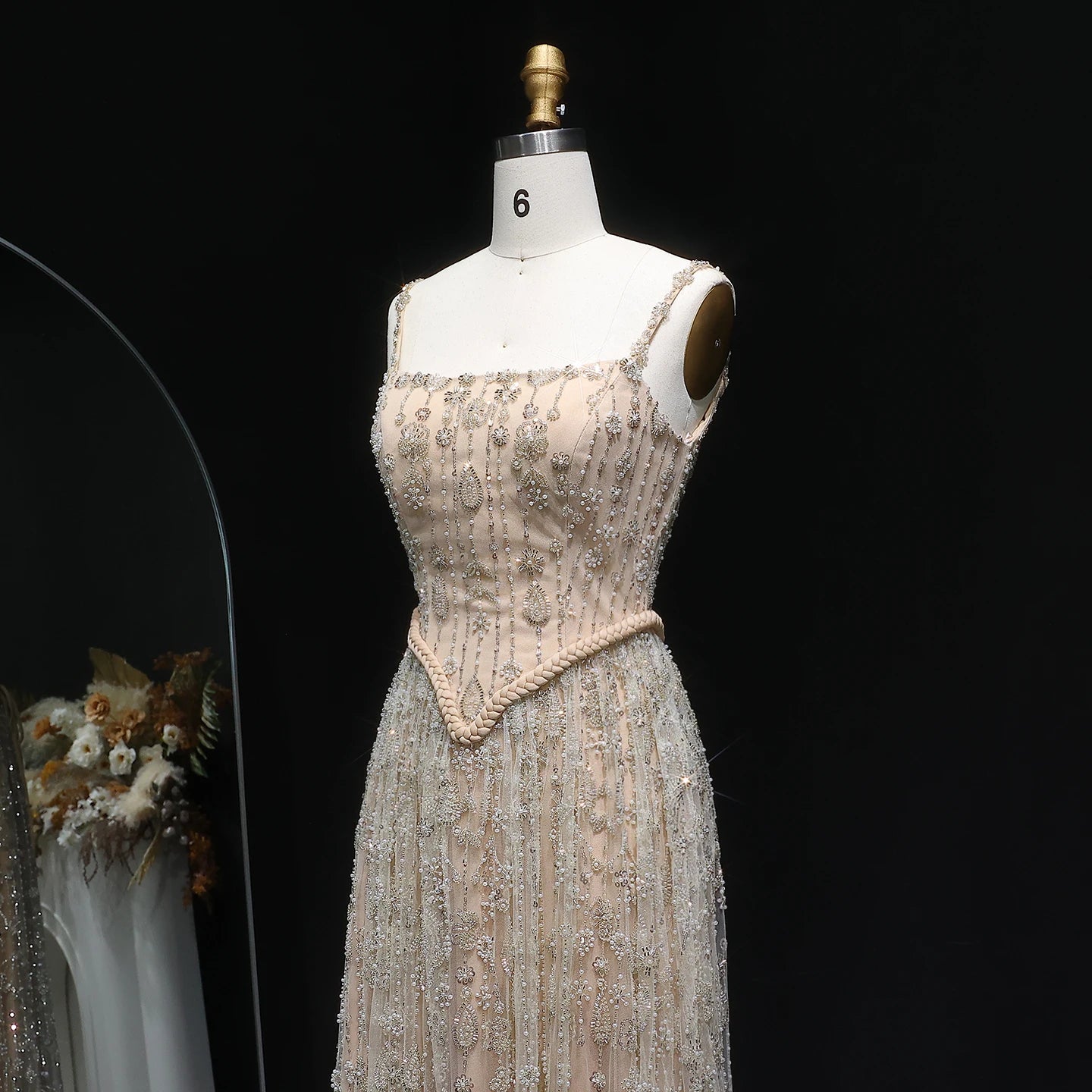 Nude Long Sleeves Sage Green Spaghetti Strap Evening Gown — Arabic Luxury 2026 — Riviera Couture GCC Luxury Evening Gown