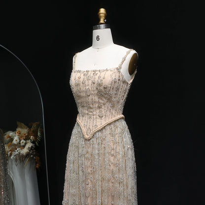 Nude Long Sleeves Sage Green Spaghetti Strap Evening Gown — Arabic Luxury 2026 — Riviera Couture GCC Luxury Evening Gown