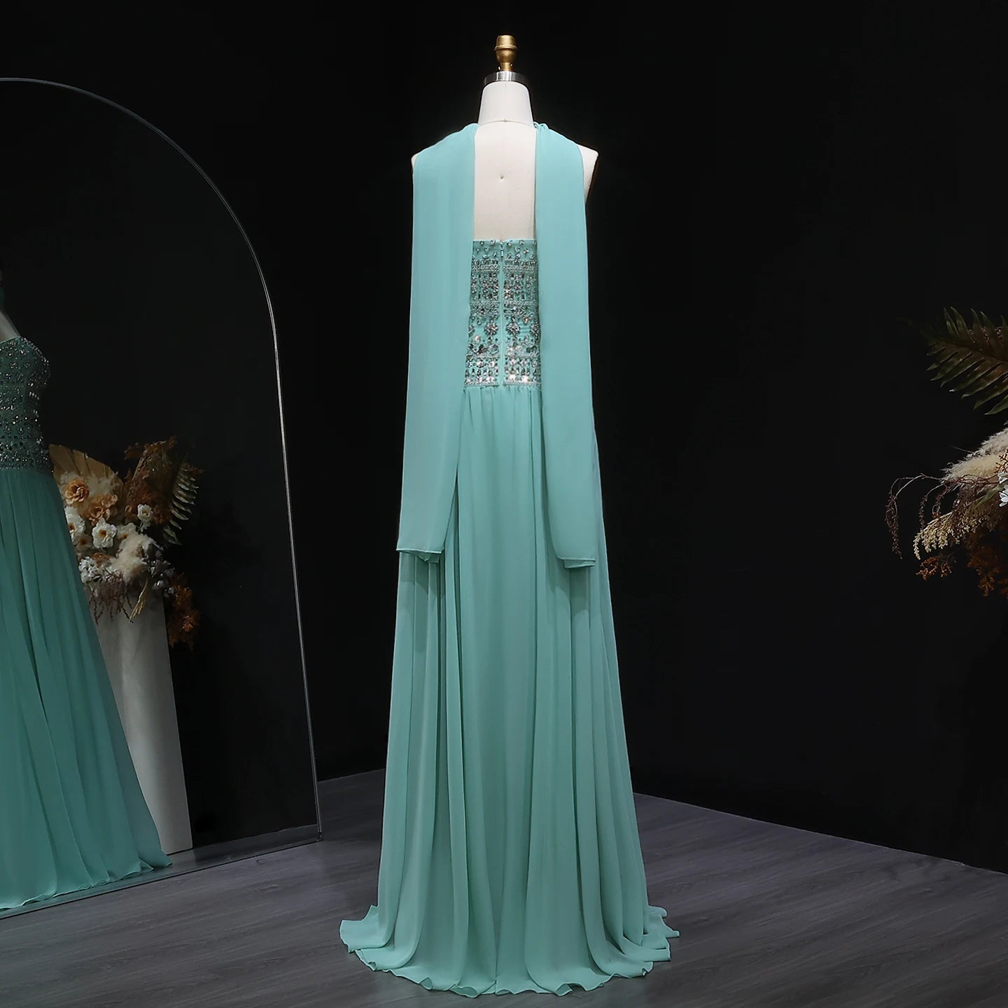 Lilac Long Sleeves Lilac Beaded Strapless Evening Gown with Flowing Chiffon Skirt — Riviera Couture GCC Luxury Evening Gown