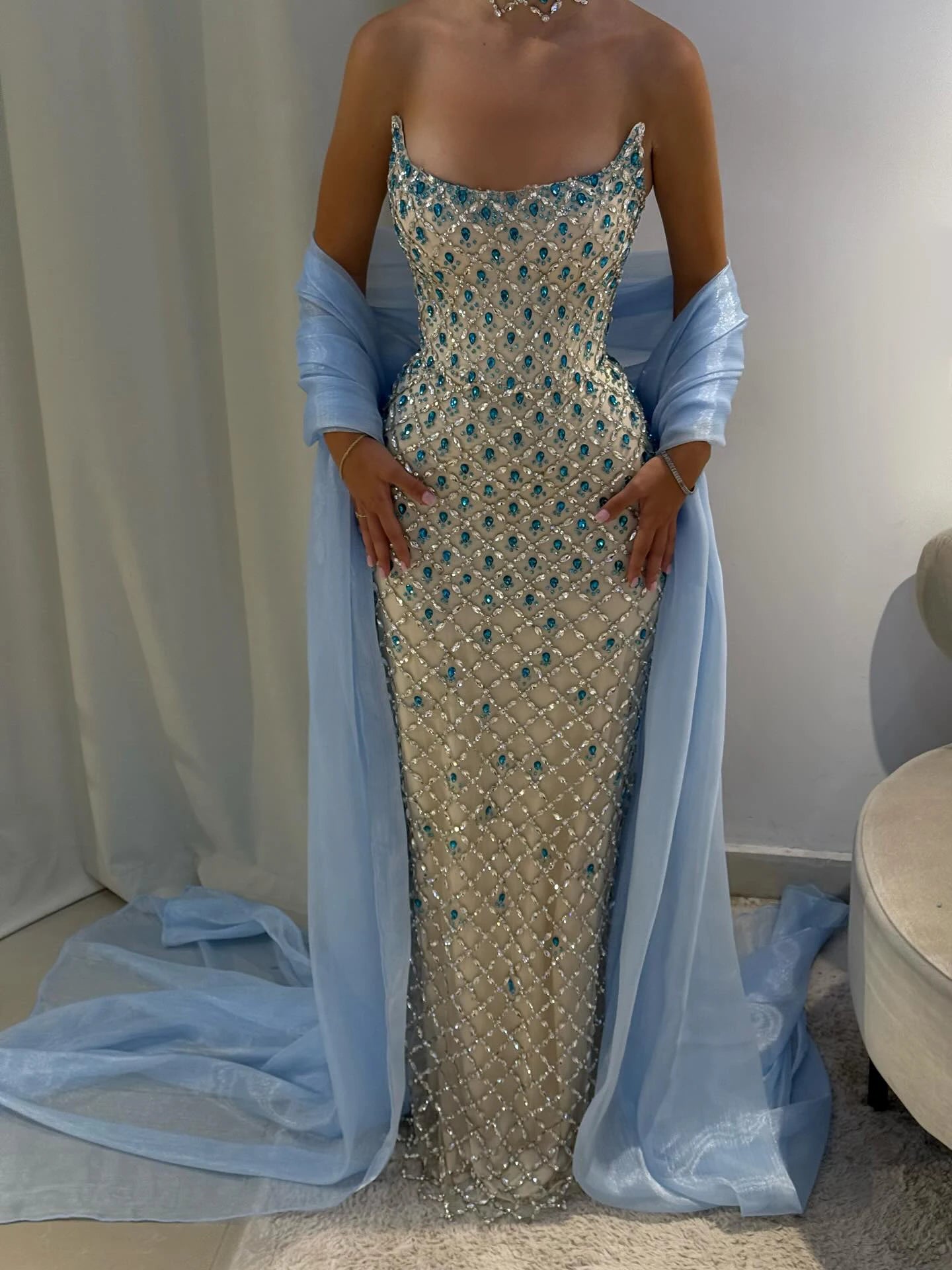 Beaded Crystal Evening Gown with Cape — Luxury GCC Formal 2026 — Riviera Couture GCC Luxury Evening Gown