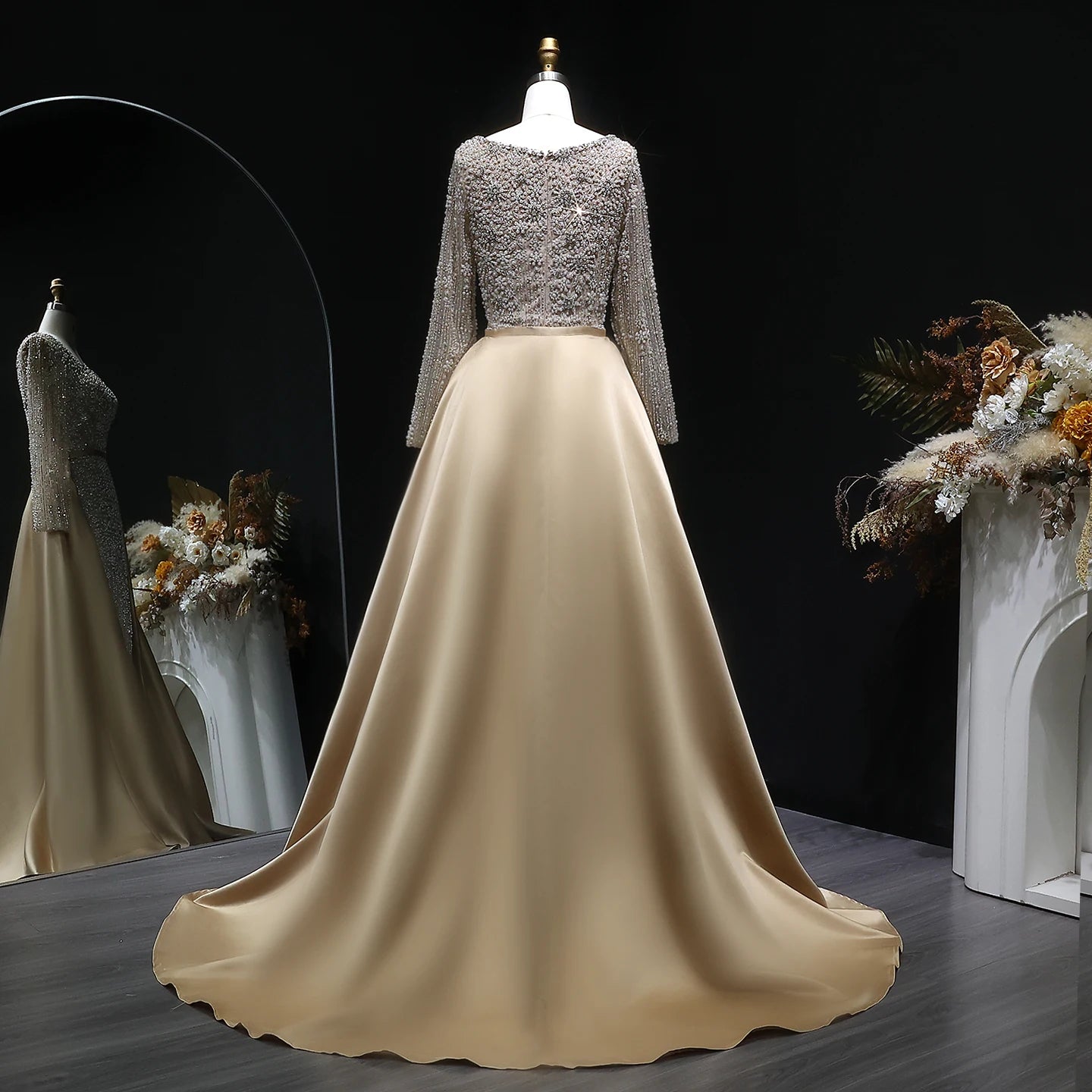 Champagne Beaded Long Sleeve Mermaid Evening Gown with Overskirt — Arabic — Riviera Couture GCC Luxury Evening Gown