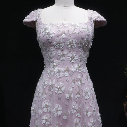 Pink Floral A-Line Evening Gown — Square Neck Beaded Flowers GCC — Riviera Couture GCC Luxury Evening Gown